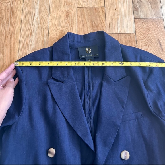 House Of Harlow Cropped Linen Blend Navy Blue Double Breasted Blazer Size Medium - Picture 3 of 8